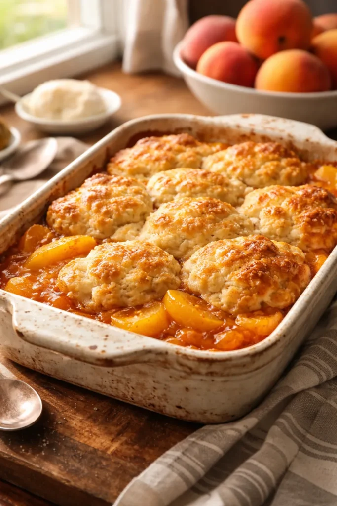 Close-up of bubbling peach cobbler in a rustic baking dish with a golden crust