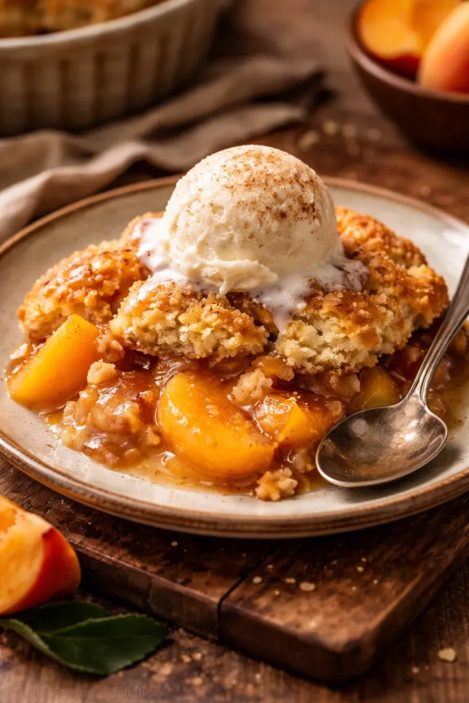 Plate with peach cobbler and vanilla ice cream