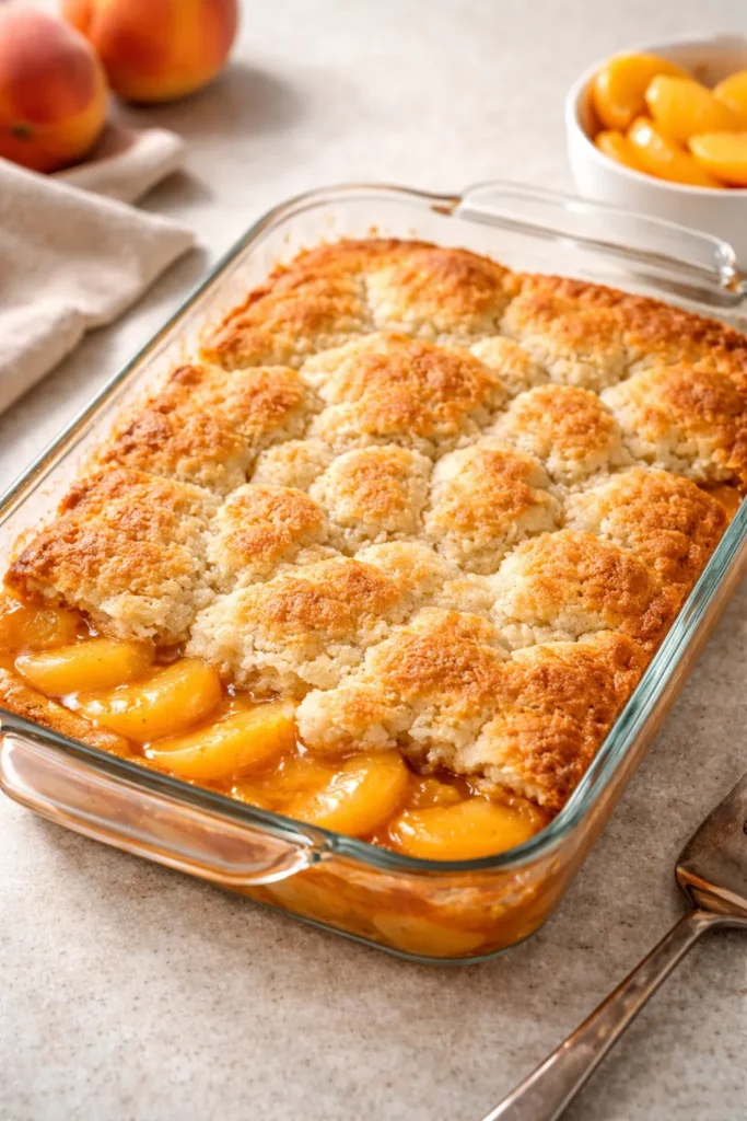 Golden peach cobbler top with visible fruit pockets demonstrates problem-free bake