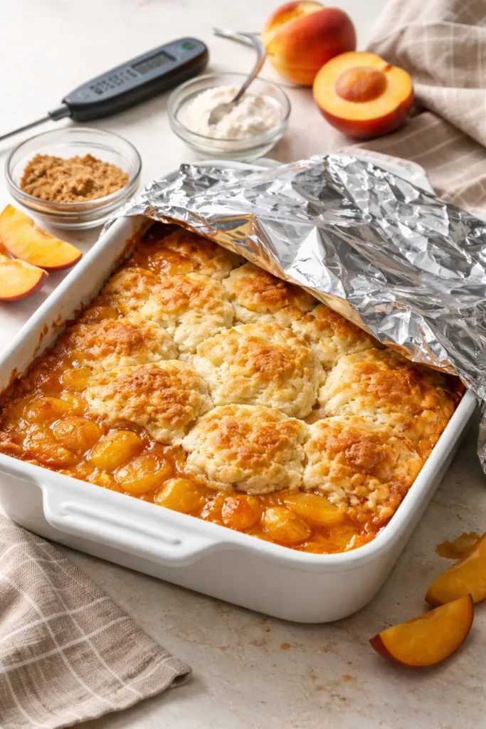 Cobbler under a foil tent to prevent over-browning and moisture issues