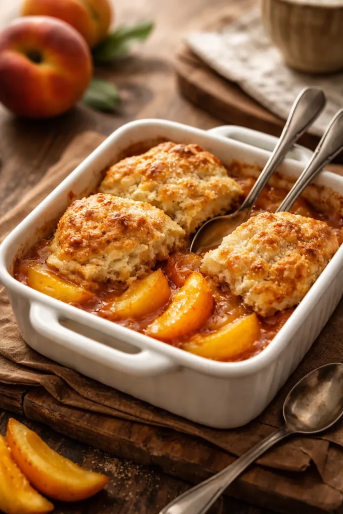 Small peach cobbler for two in a ceramic dish with warm lighting
