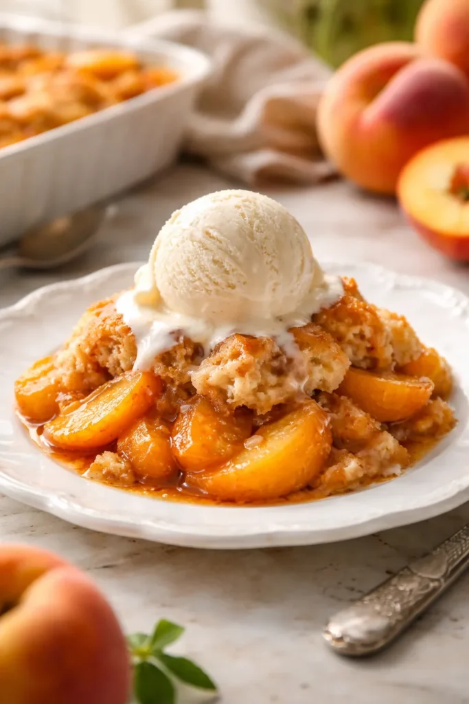 A serving of warm peach cobbler topped with melting vanilla ice cream