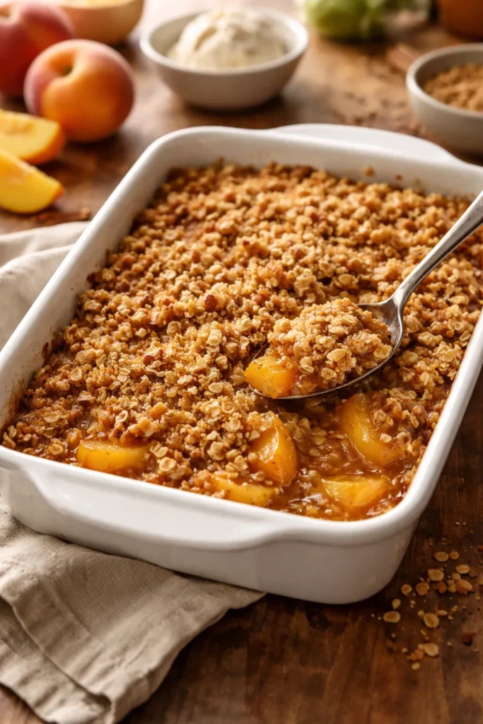 Close-up of Peach Crisp with Buttery Oat Topping in a baking dish showing golden crumb topping and peach slices