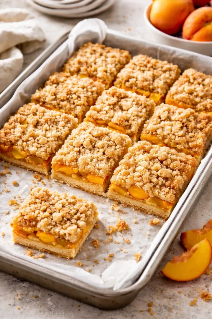 Peach crumble bars cut into neat rectangles