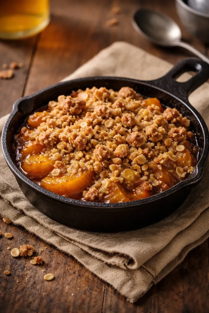 Cast iron skillet with peach crumble and caramelized edges