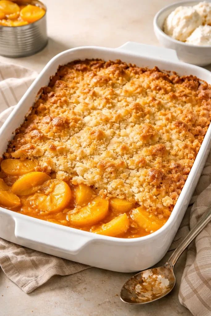 Top view of Dump Cake with Yellow Cake Mix in a pan showing peach layers and butter on top
