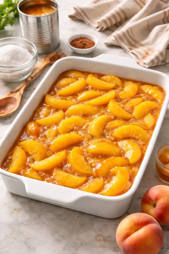 Cobbler filling in a 9x13 baking dish ready for topping