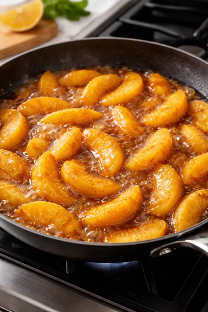 Peach filling simmering in a skillet with peaches and amber juices