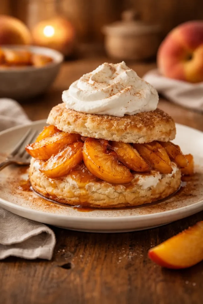 Peach shortcake with whipped cream on plate