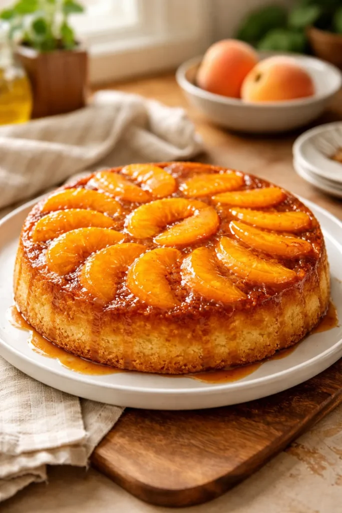 Close-up of peach upside-down cake with caramelized peaches on top