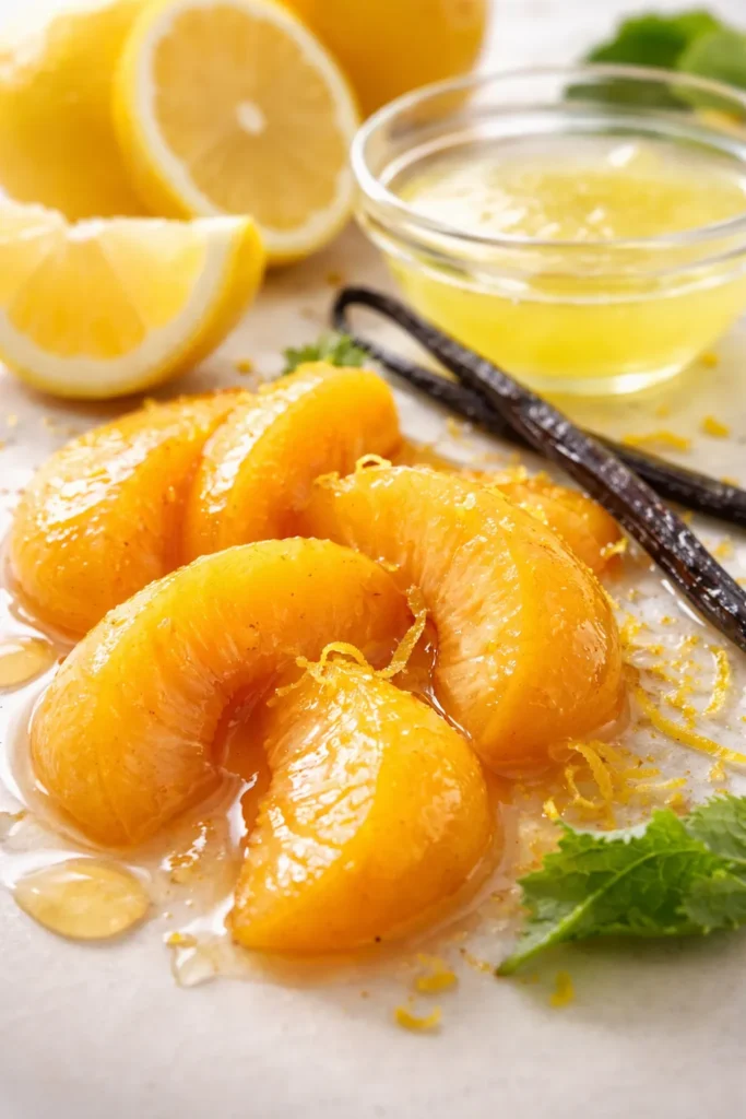 Peach slices with lemon juice, vanilla bean, and citrus zest on a plain background
