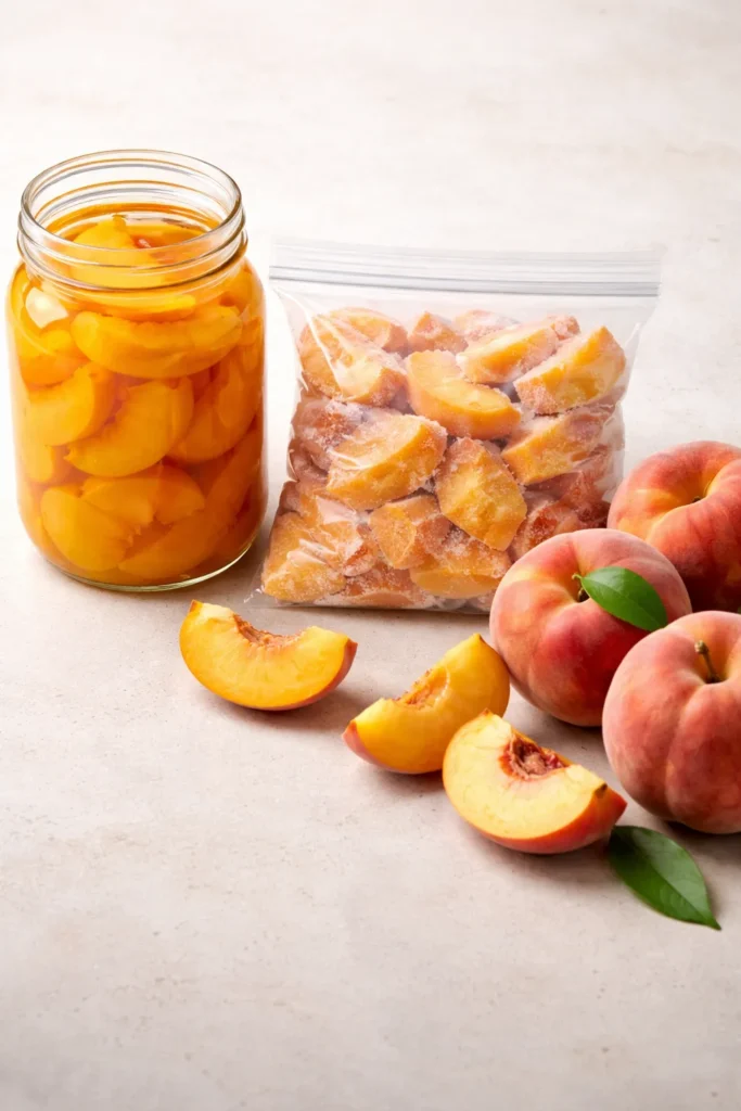Three peach forms—canned, frozen, and fresh—displayed together on a neutral surface