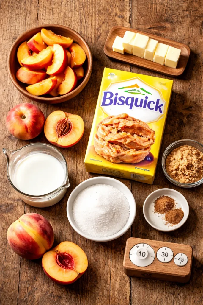 Peaches, sugar, and nutmeg arranged on wooden board for cobbler