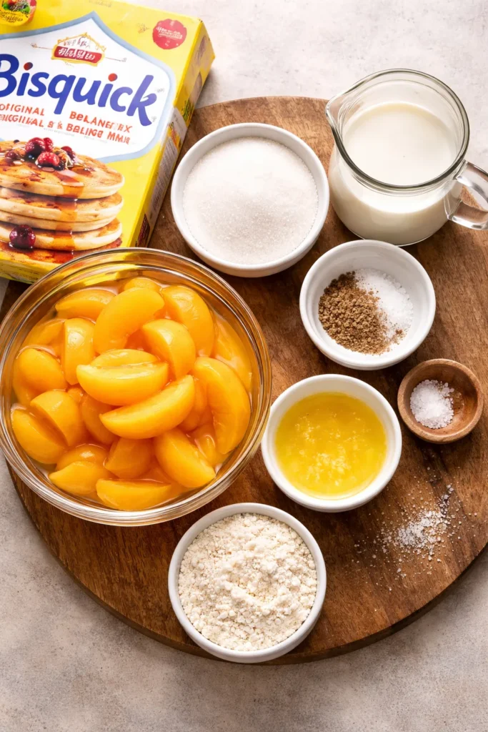 Ingredients arranged on wood board for peach cobbler: peaches, sugar, nutmeg, milk, butter