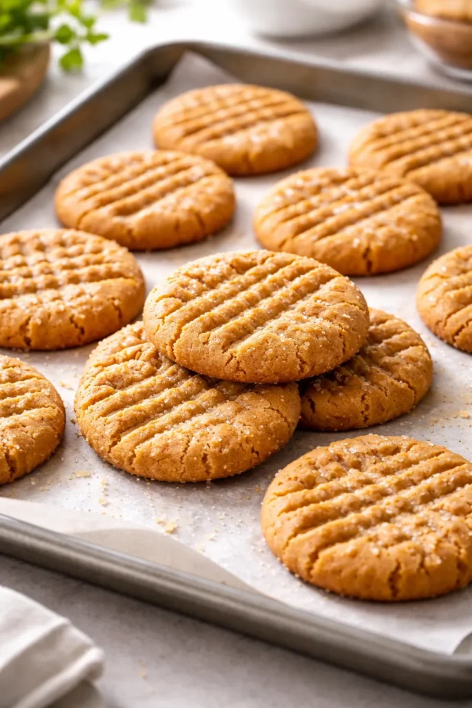 Crosshatched peanut butter cookies on parchment-lined sheet.