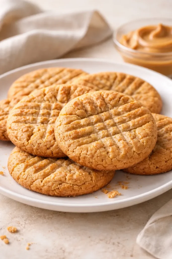 Three-ingredient peanut butter cookies on a plate.