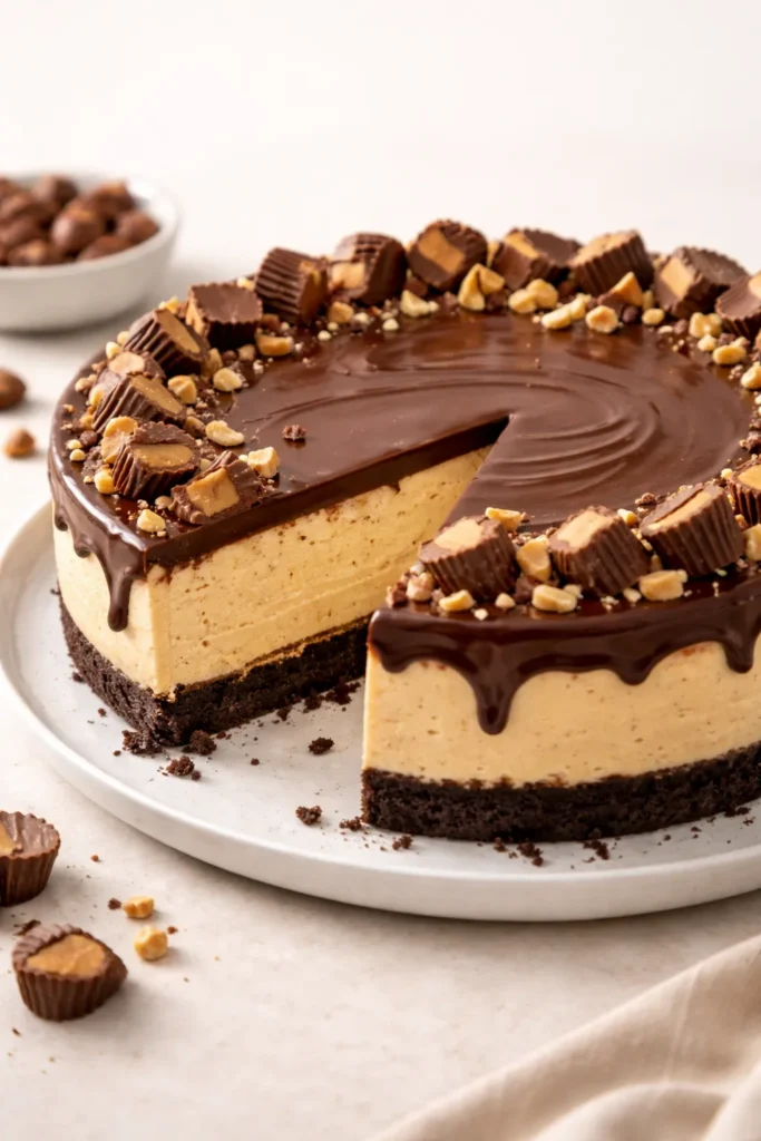 Creamy Peanut Butter Cup Cheesecake with chocolate edge