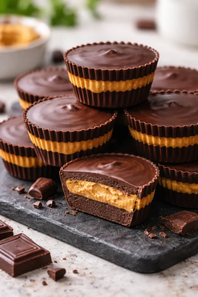 Close-up of glossy dark chocolate peanut butter cups with visible peanut butter filling.