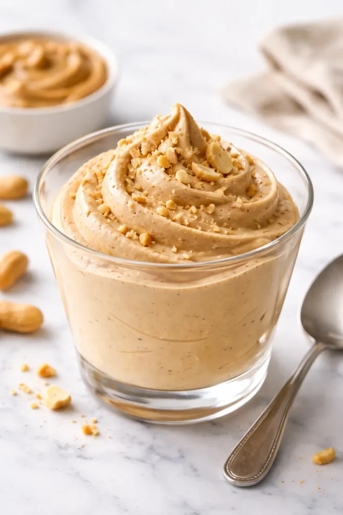 Airy peanut butter mousse in a glass dessert cup with creamy texture.