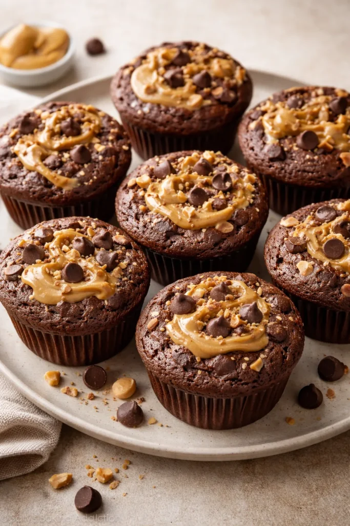 Dense peanut butter chocolate protein muffins on a plate