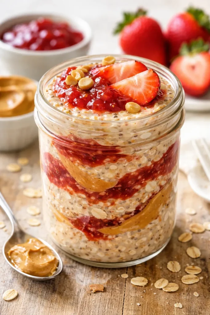 Jar of PB&J overnight oats with peanut butter and strawberry jam swirls