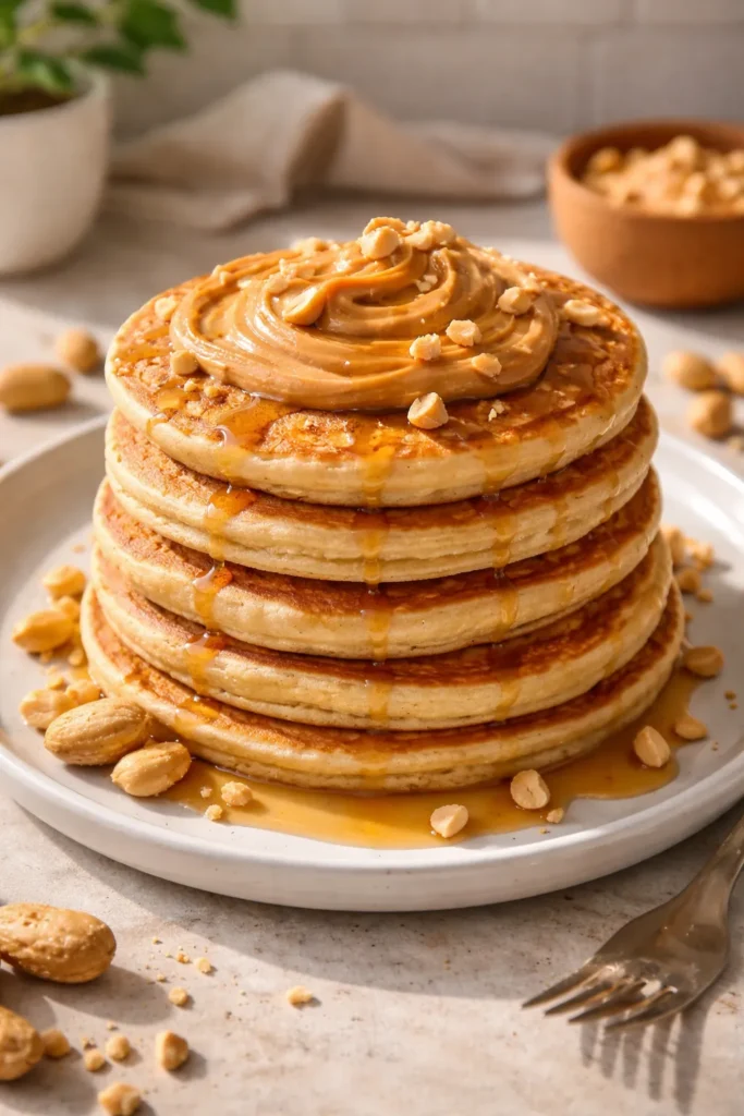 Stack of peanut butter protein pancakes with a peanut butter swirl on top
