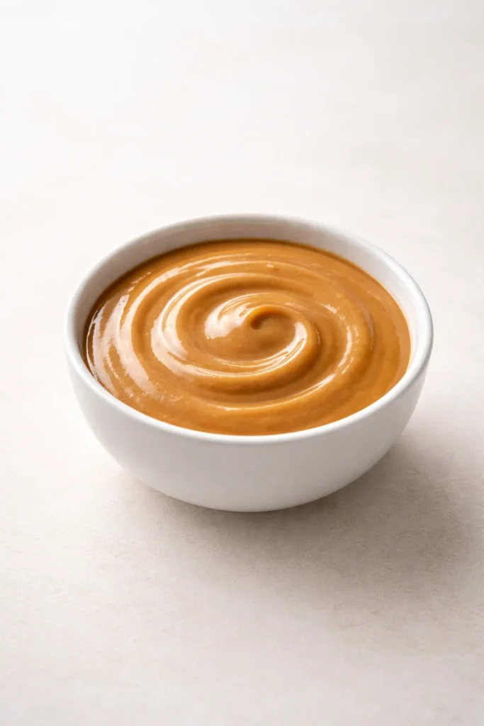 Minimal still life of peanut sauce bowl with glossy surface and reflection