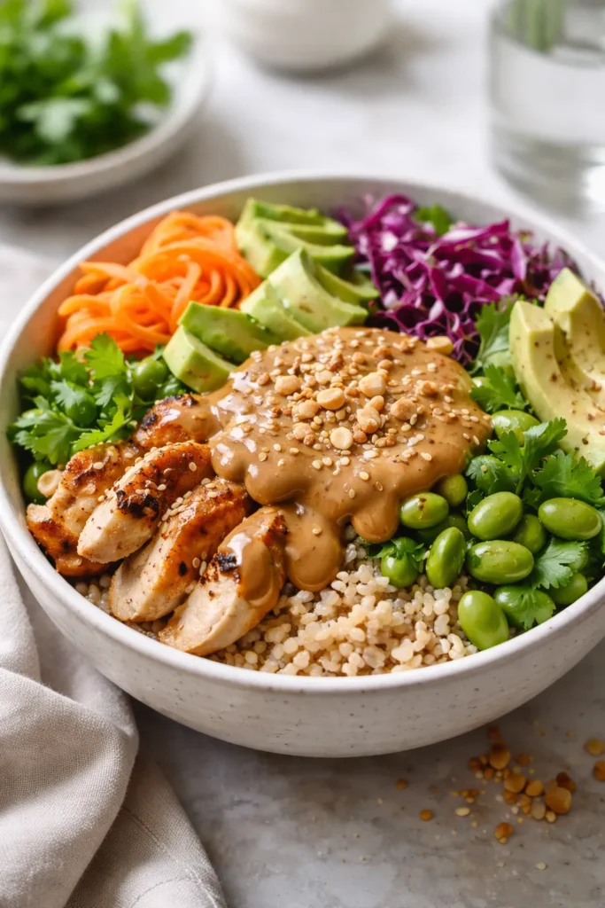 Close-up of a bowl with creamy peanut sauce and toppings emphasizing texture