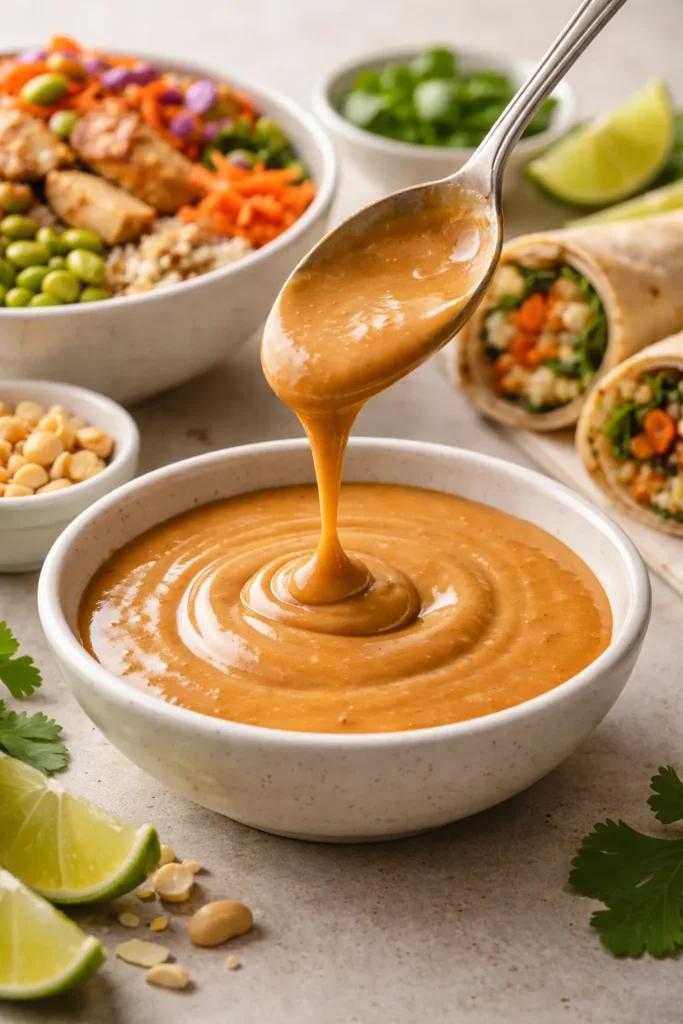 Close-up of peanut sauce being poured into a bowl, illustrating its role in bowls and wraps.