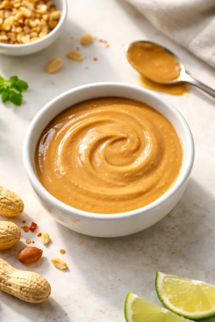 Smooth glossy peanut sauce in a white bowl with a subtle swirl