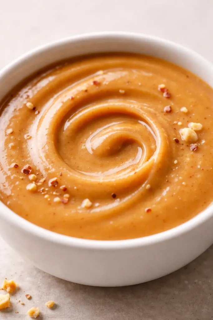 Close-up of creamy peanut sauce surface in a dish.