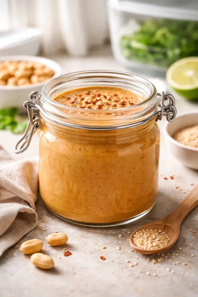 A sealed glass jar of peanut sauce on a kitchen counter for storage