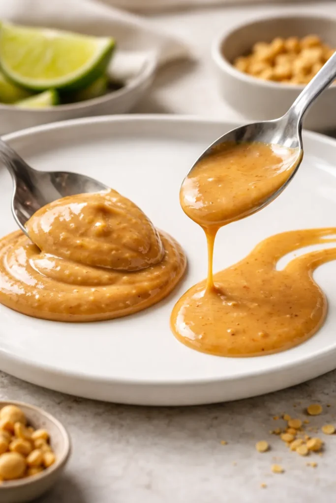 Two spoonfuls showing different thickness levels of peanut sauce on a clean plate