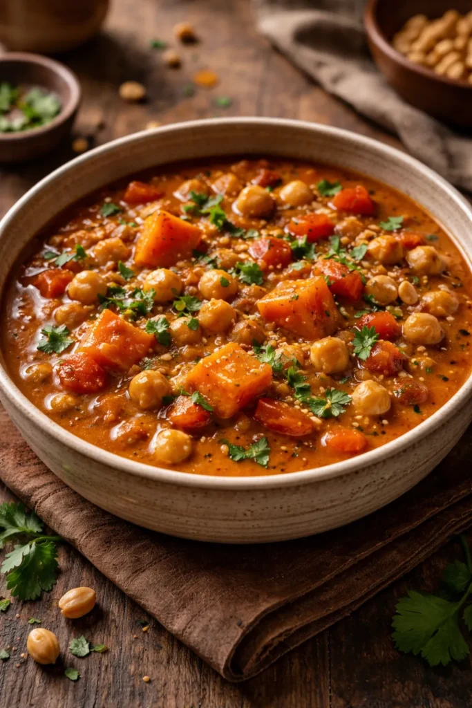 Peanut stew with chickpeas and sweet potato in a bowl