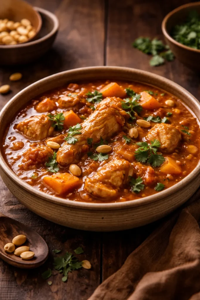 Creamy peanut stew with chunks of meat in a rustic bowl.