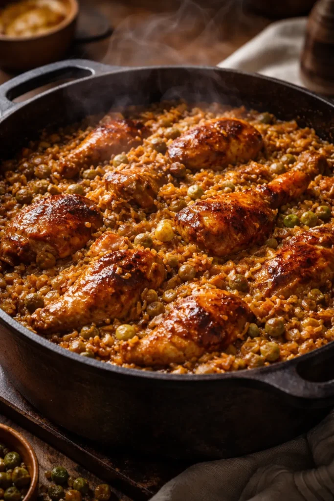 Close-up of pelau in a cast-iron pot showing caramelized chicken and rice
