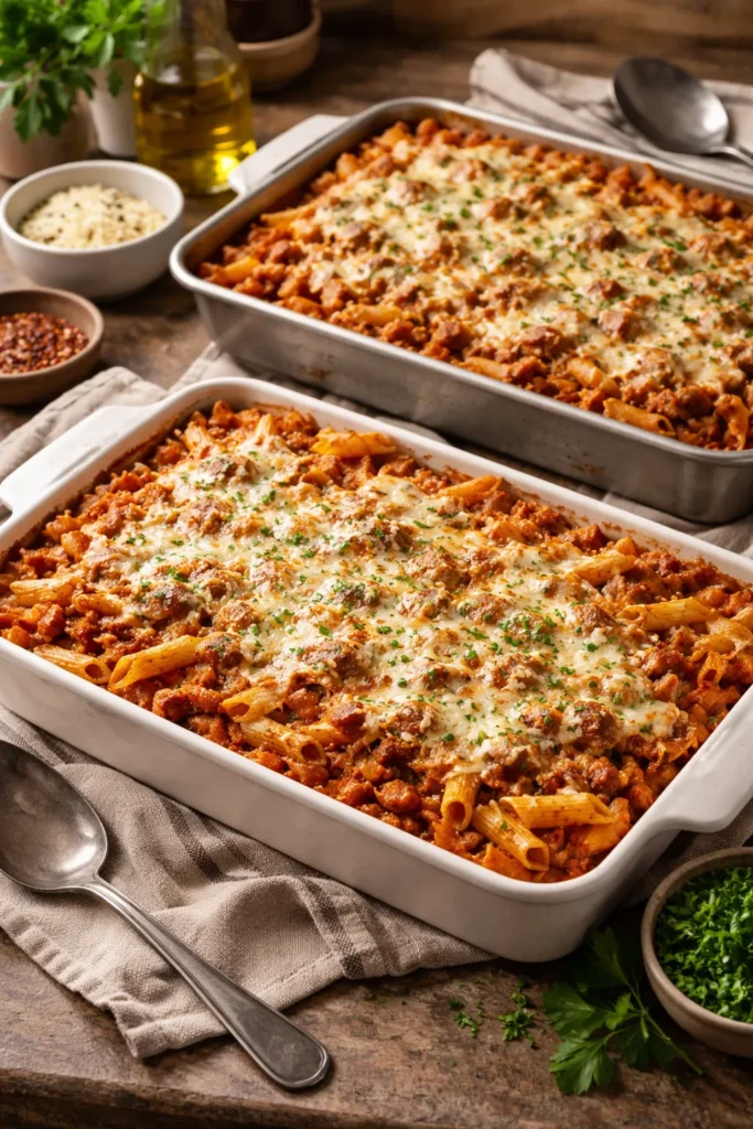 Two baking dishes of baked penne pasta with cheese