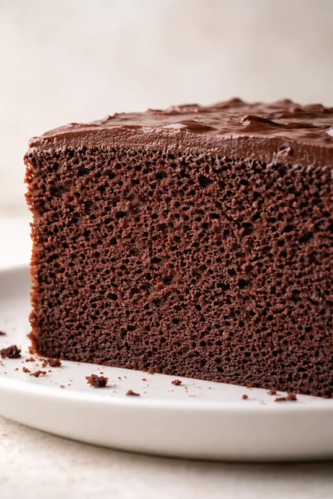 Close-up of a chocolate cake crumb with tiny uniform air pockets
