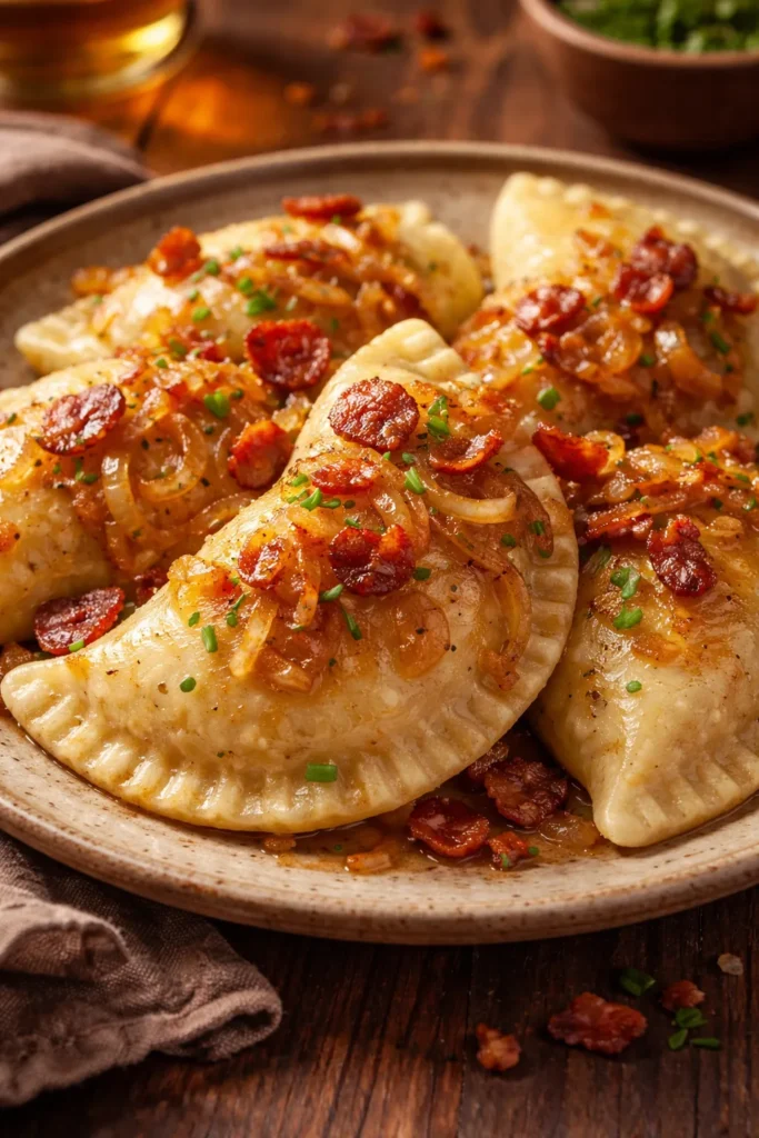 Plate of prairie perogies with caramelized onions and bacon