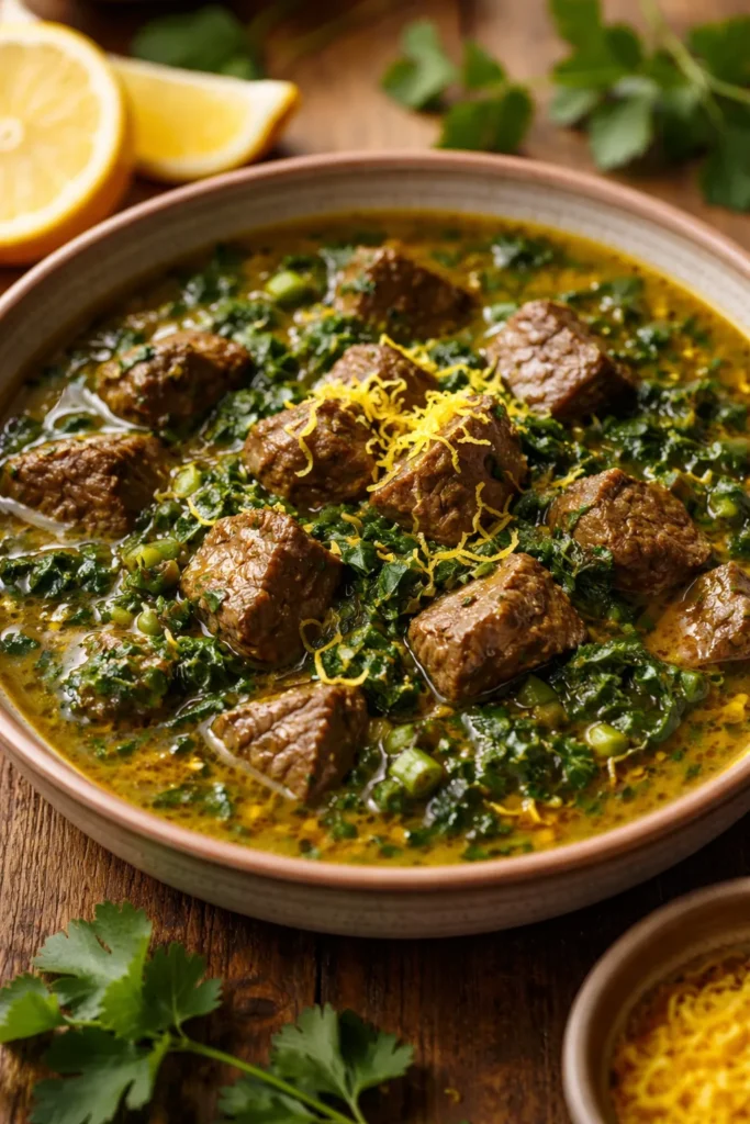 Beef stew with herbs, turmeric broth and lemon zest in a bowl