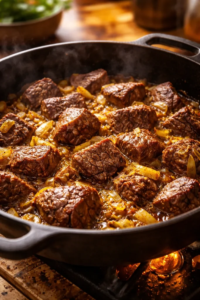 Browning meat with onions and spices in a pan
