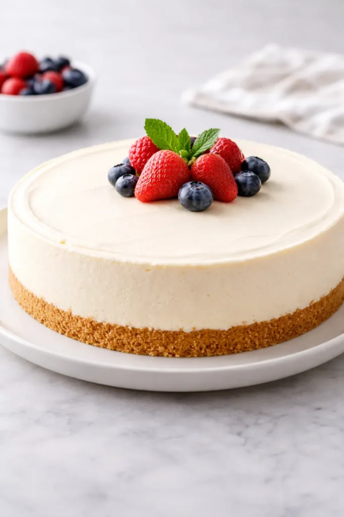 Philadelphia-style no-bake cheesecake on plate with graham crust