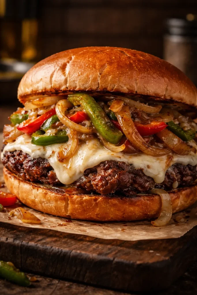 Philly cheesesteak smash burger with peppers and onions