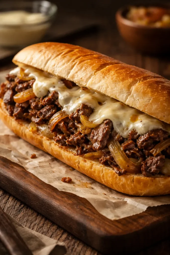 Cross-section of Philly cheesesteak with ribeye, onions, and melted cheese