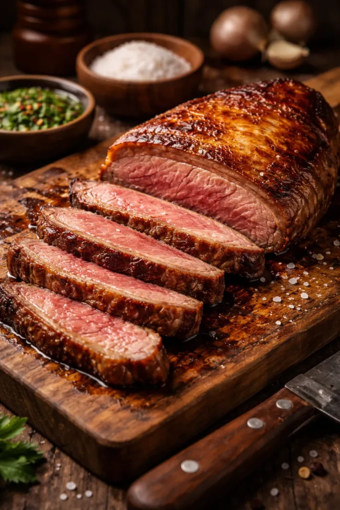 Picanha steak slices with fat cap on a wooden board