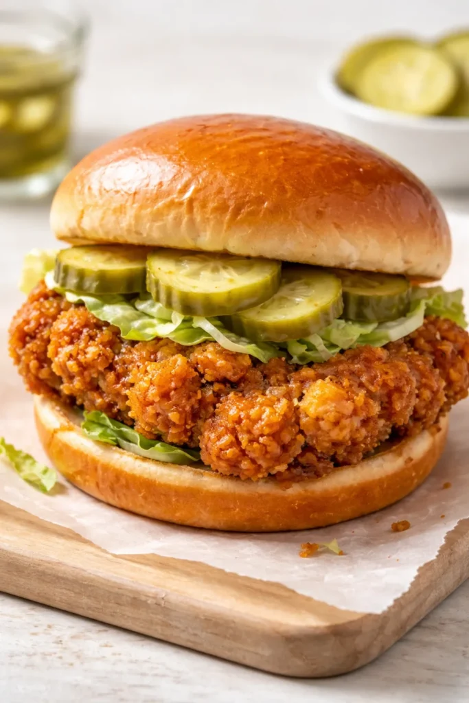 Close-up of Pickle-Brined Fried Chicken Sandwich with crispy coating