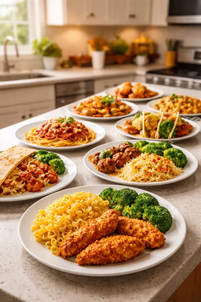 Eight plated dinners on a kitchen counter illustrating a dinner rotation for picky eaters