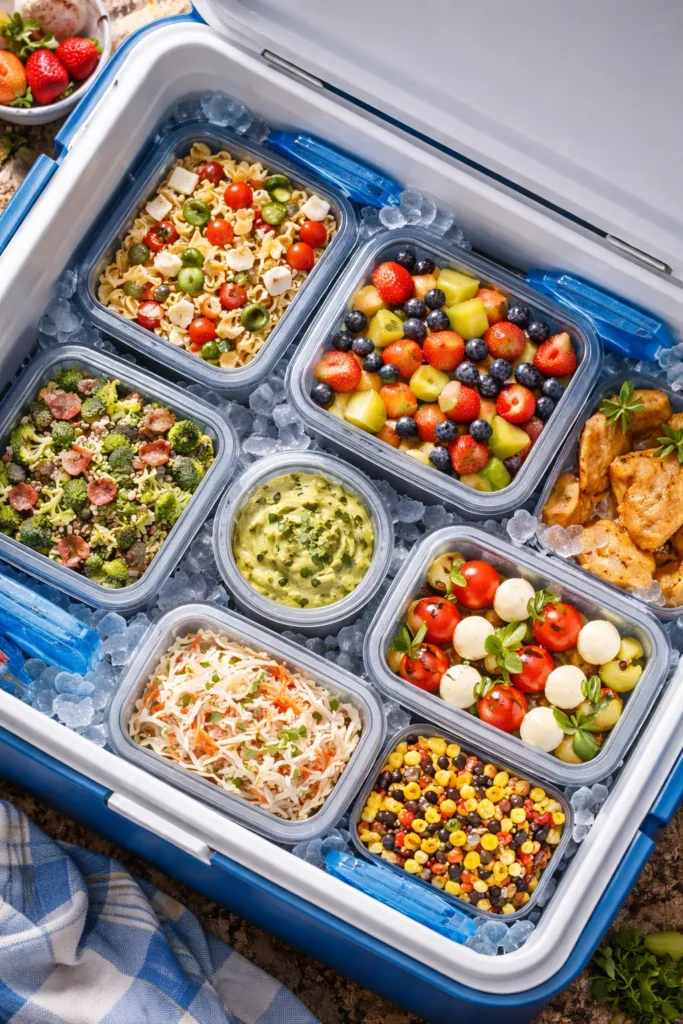 Organized cooler with sealed containers for picnic sides