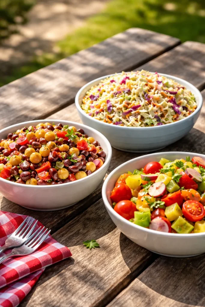 Three bowls of varied picnic side dishes on a rustic table, demonstrating texture and stability.