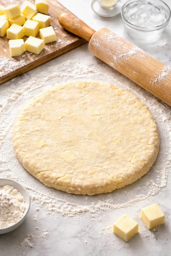 Rolled pie dough on a floured surface with rolling pin and cold butter